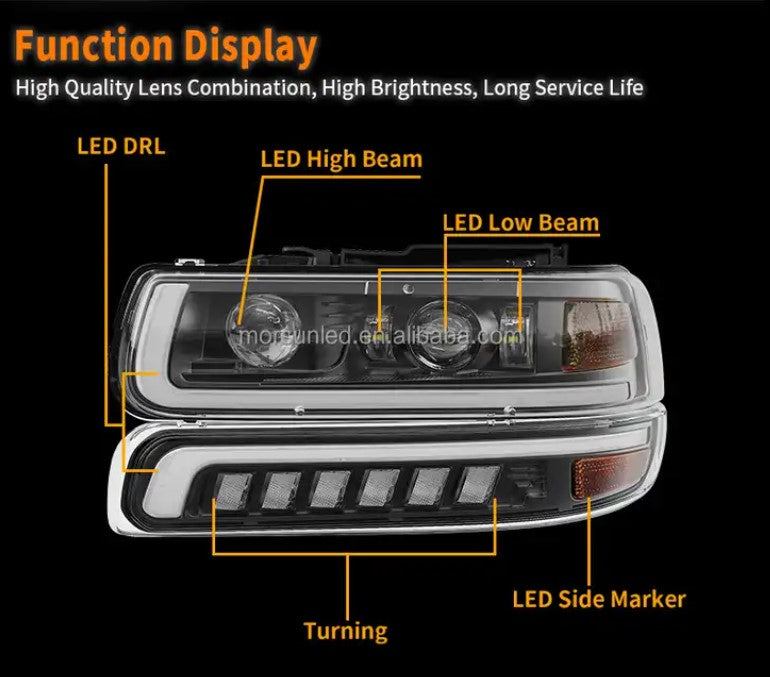 99-02 Silverado, 99-06 Tahoe/Suburban Full LED Projector Headlights - CLEAR REFLECTORS