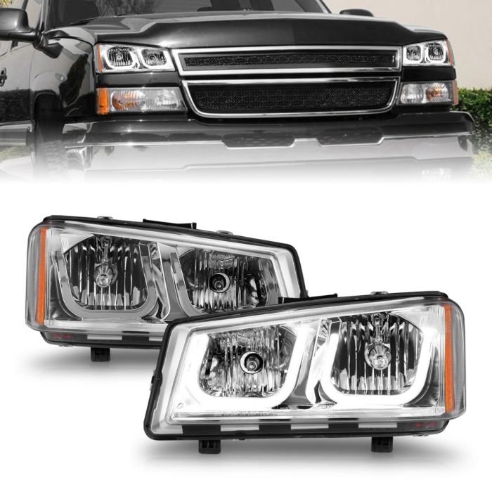 CHEVY SILVERADO / AVALANCHE 03-06 CRYSTAL U-BAR HEADLIGHTS CHROME