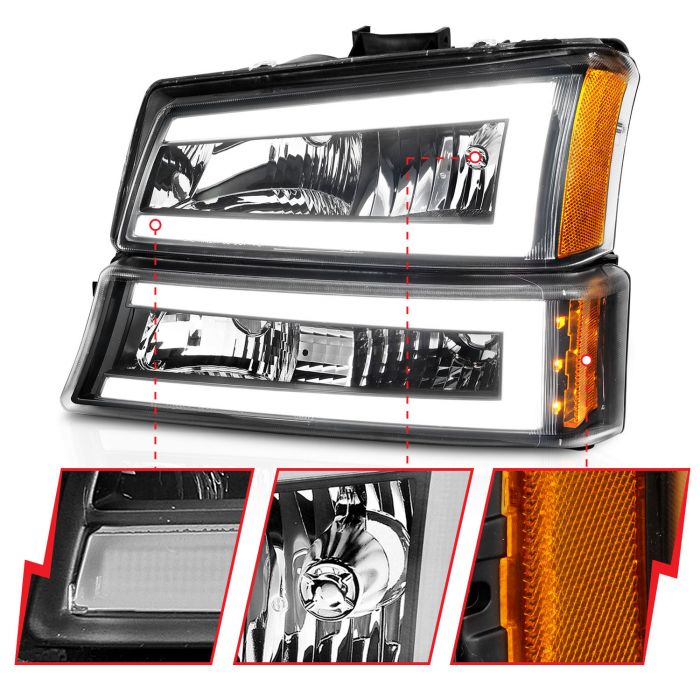 CHEVY SILVERADO / AVALANCHE 03-06 / 07 CLASSIC CRYSTAL LED PLANK HEADLIGHTS W/ PARKING/SIGNAL LIGHT BLACK (4pcs)