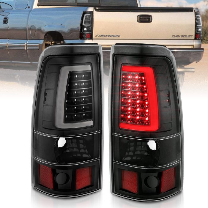 CHEVY SILVERADO 1500/2500 99-02 / 3500 01-03 / GMC SIERRA 1500/2500 99-06 LED C BAR STYLE TAIL LIGHTS BLACK CLEAR LENS