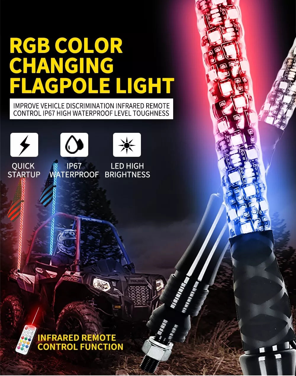 LED Flagpole Whip Light with App or Remote Control