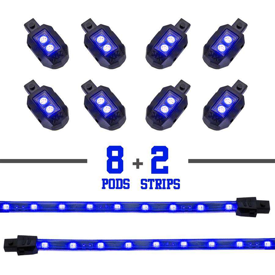 8 Pod 2 Strips Single Color Motorcycle ATV Snowmobile LED Underglow Kit - XK GLOW