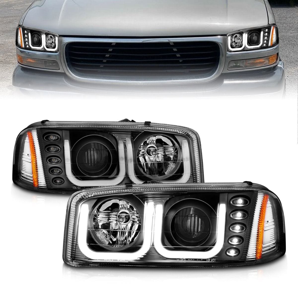 GMC SIERRA 99-06 / YUKON/ XL 00-06 / DENALI MODELS 01-06 PROJECTOR HEADLIGHTS U-BAR BLACK CLEAR