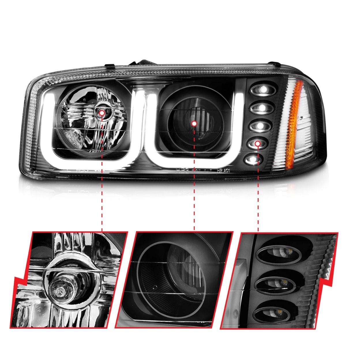 GMC SIERRA 99-06 / YUKON/ XL 00-06 / DENALI MODELS 01-06 PROJECTOR HEADLIGHTS U-BAR BLACK CLEAR