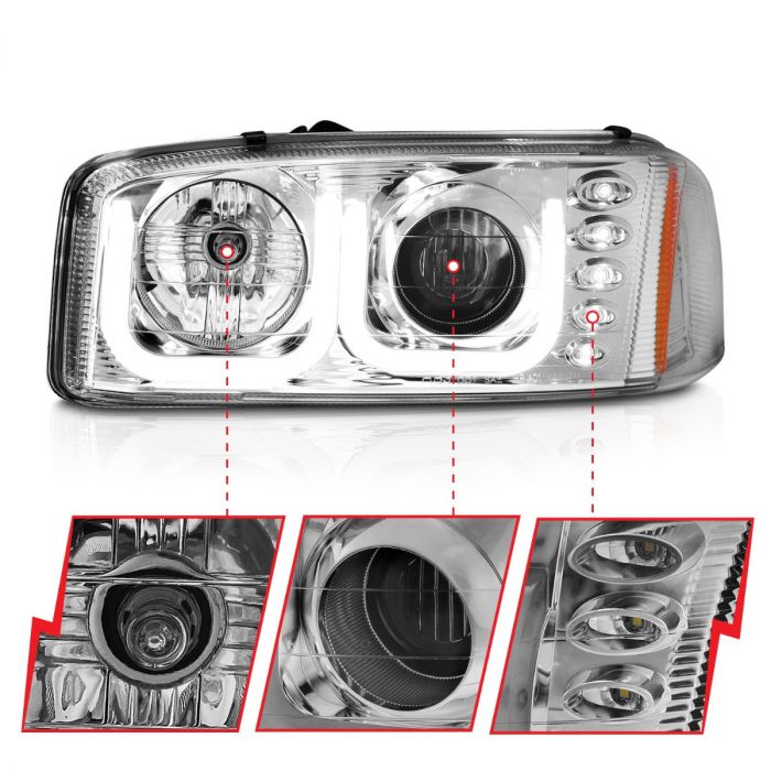 GMC SIERRA 99-06 / YUKON/XL 00-06 / DENALI MODELS 01-06 PROJECTOR U-BAR STYLE HEADLIGHTS CHROME