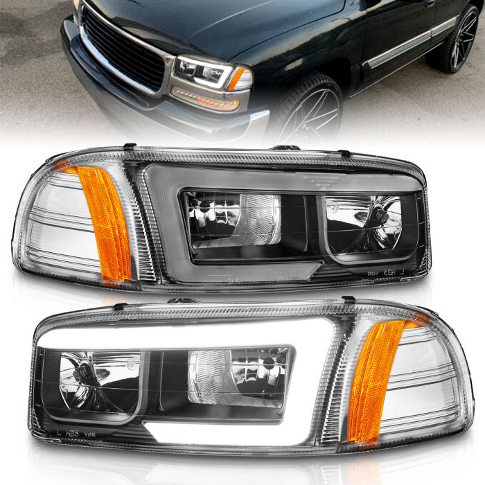 GMC SIERRA/SIERRA DENALI 99-06 / SIERRA CLASSIC 07 / YUKON/YUKON XL/YUKON DENALI 00-06 CRYSTAL PLANK STYLE HEADLIGHTS BLACK