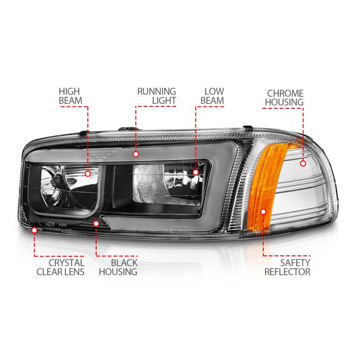 GMC SIERRA/SIERRA DENALI 99-06 / SIERRA CLASSIC 07 / YUKON/YUKON XL/YUKON DENALI 00-06 CRYSTAL PLANK STYLE HEADLIGHTS BLACK